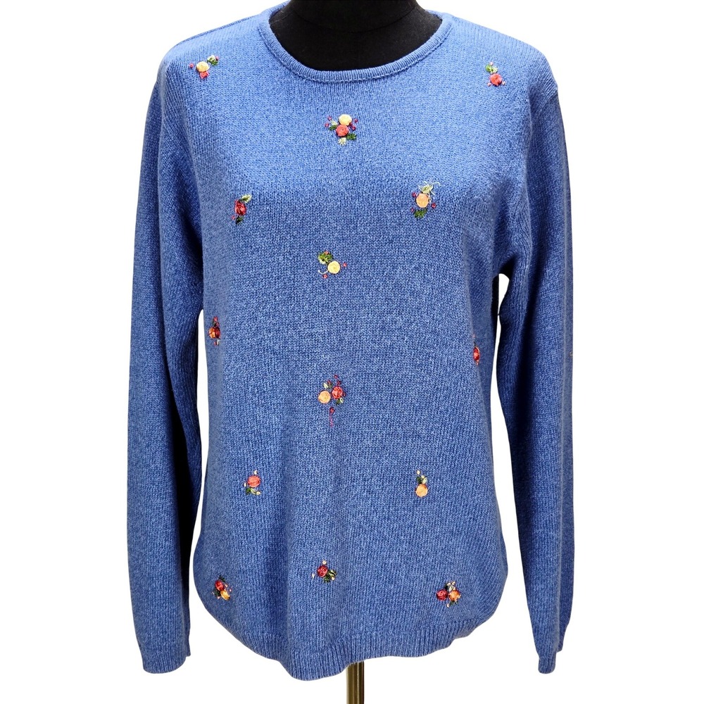 Women's Tulchan‎ Medium Blue Cotton Floral Embroidered Crewneck Sweater Vintage